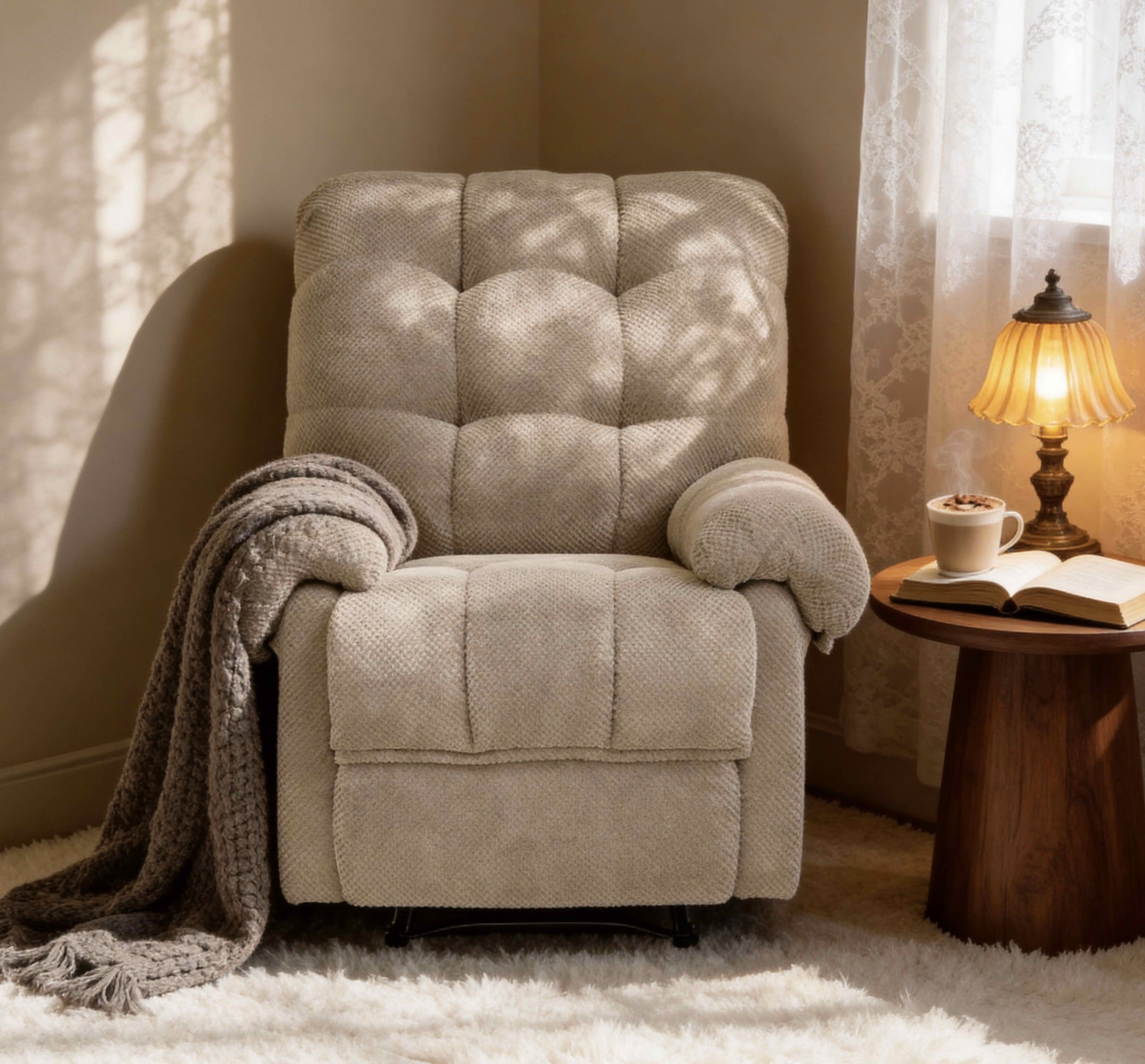 MAYEERTY 39 In Manual Recliner, Overstuffed Fabric Armchair, 160 Degree Recline, Camel, 300 lb