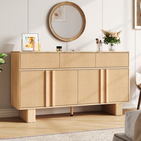 55 Inch Wide Modern Sideboard Buffet Cabinet - 3 Drawers 4 Doors Storage Cabinet with Reinforced Legs for Kitchen Living Room, Light Oak