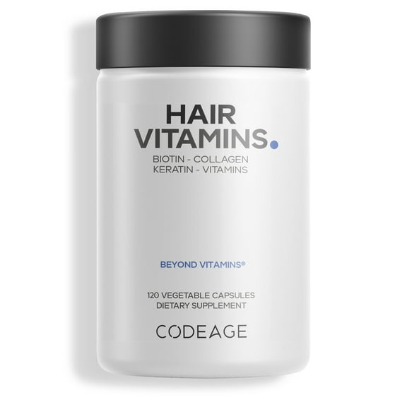 Codeage Hair Vitamins 10000 mcg Biotin, Keratin, Collagen, Vitamin A, B12, C, D3, E, Zinc, Turmeric, Probiotics, Enzymes, Inositol - Hair Care Support - Healthy Hair Supplement Pills - 120 Capsules