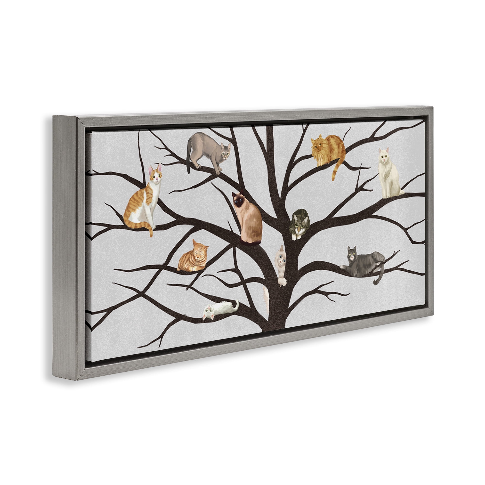 Stupell Industries Cats In Tree Pet Painting Animals & Insects Painting Gray Floater Framed Canvas Art Print Wall Art, 31 x 14