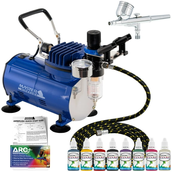 Professional Face & Body Art Airbrush Kit with G22 Airbrush, Master Compressor TC-20, Air Hose & 8 Custom Body Art Colors