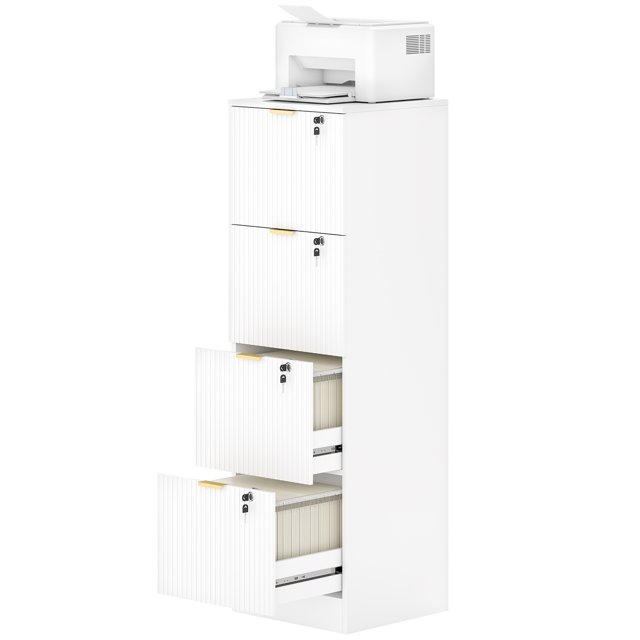 HOMCOM White MDF 4-Drawer Lockable Filing Cabinet | Adjustable Hanging Rails for A4/Letter Files | 15.7" W x 51.6" H | Secure Home Office Storage & Printer Stand