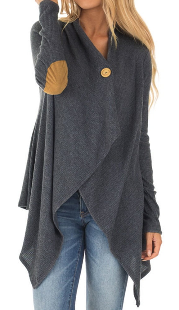 Nlife Women Elbow Patch Long Sleeve Asymmetric Hem Cardigan