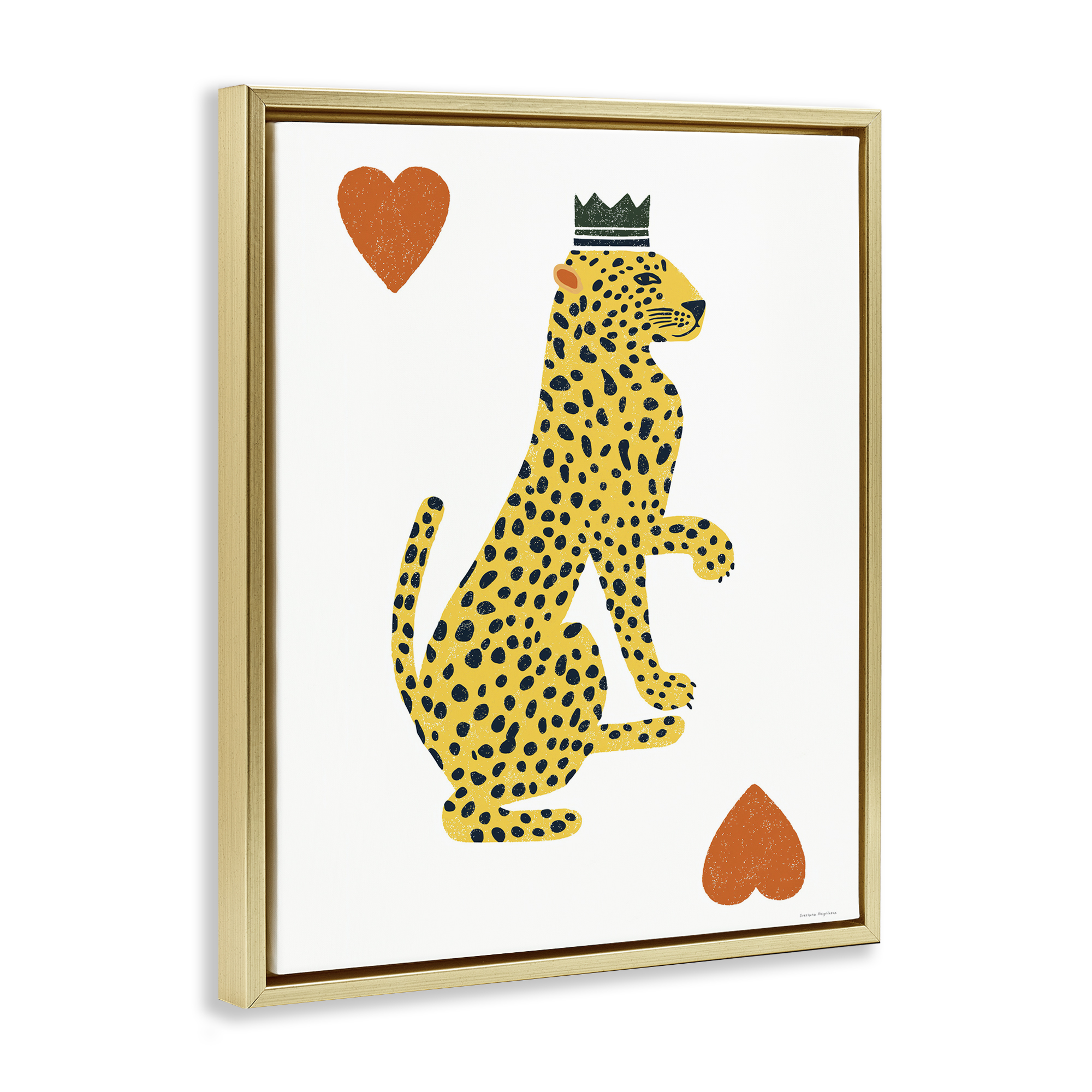 Leopard & Hearts Card Gold Framed Floater Canvas Wall Art, design by Svetlana Aleynikova