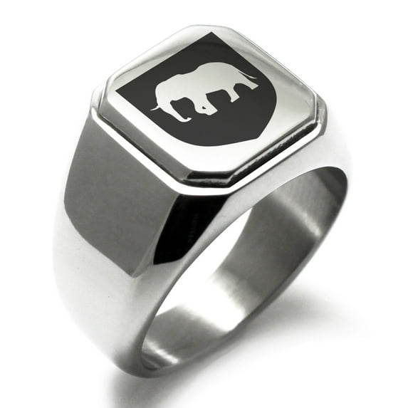 Stainless Steel Elephant Strength Coat of Arms Shield Engraved Square Flat Top Biker Style Polished Signet Ring