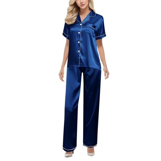 Gibobby Conjuntos de Lencería Ropa de dormir sexy de satén con mangas para mujer Conjunto corto y superior suelto Traje y lencería Pijamas sexy Conjuntos de pijama Conjunto de(Azul, XXL)