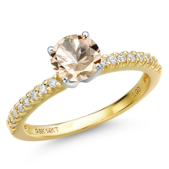 Gem Stone King 14K Two Tone Gold Peach Morganite and Lab Grown Diamond Engagement Ring for Women | 0.76 Cttw | Round 6MM | Gemstone October Birthstone | Size 7