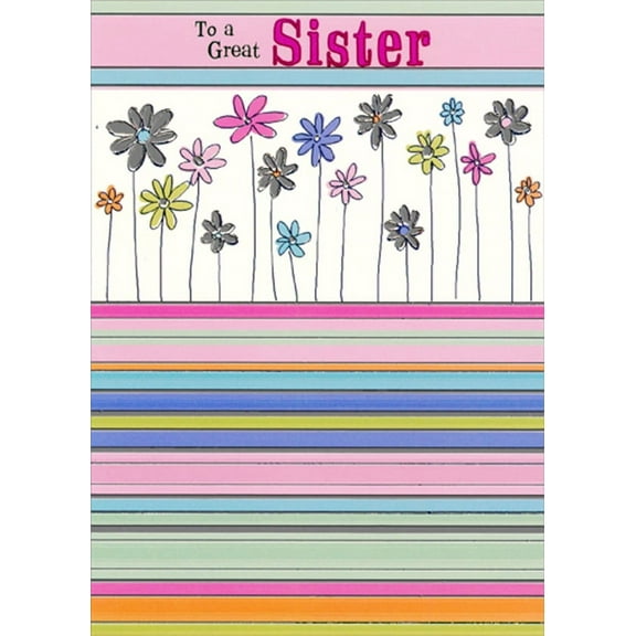 Designer Greetings Colorful Flowers with Tall Stems and Horizontal Sliver Foil Lines Birthday Card for Teen / Teenage Sister
