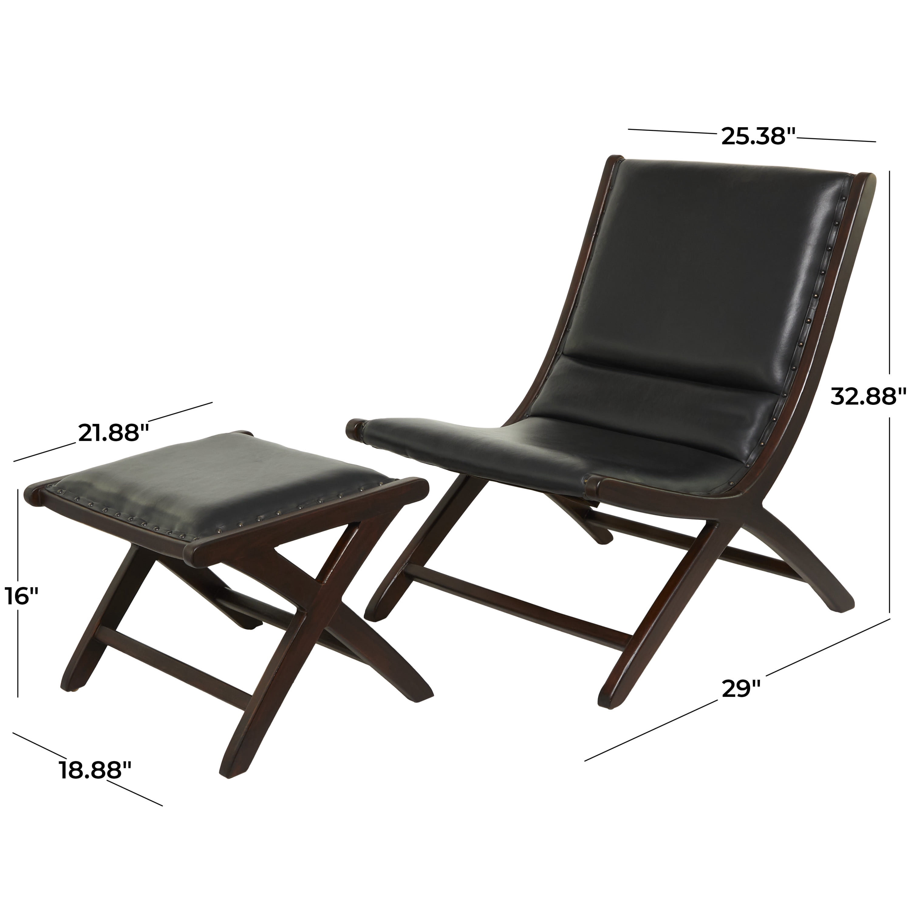 DecMode Teak Wood Handmade Upholstered Leather Chair & Ottoman Set, Black