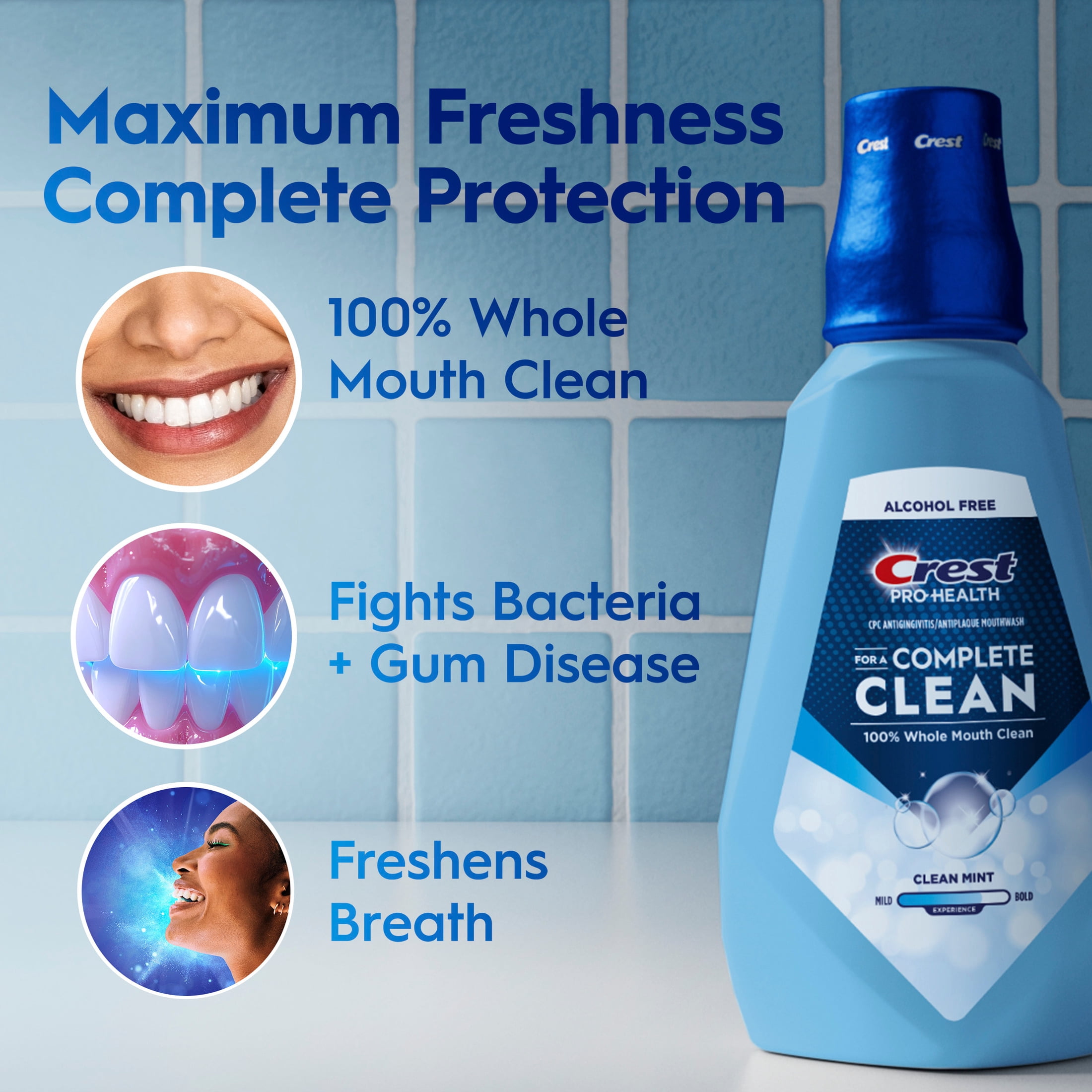 (3 pack) Crest Mouthwash Pro Health Complete Clean, Alcohol Free, Clean Mint, 1 L, 2 Pack