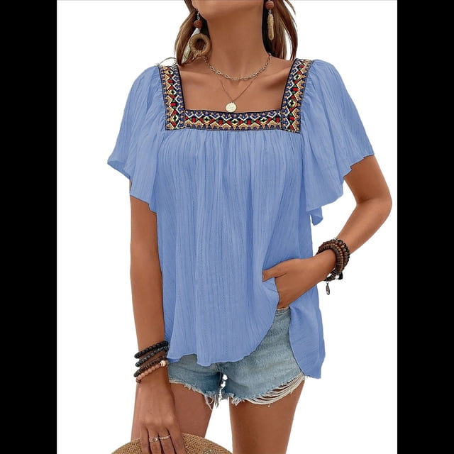 Camisas Mexicanas para Mujer, Estilo Bohemio, Bordadas, de Corta con Mariposa y Cuello Cuadrado, Blusas Holgadas. Azul XL