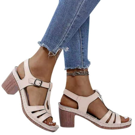 

Liveday Leather Sewing Sandals Open Toe High Heels Comfortable to Wear White