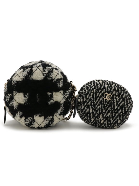 Pre-Owned CHANEL Round Chain Shoulder Pochette in Houndstooth Tweed with Boa, Ivory and Black,...