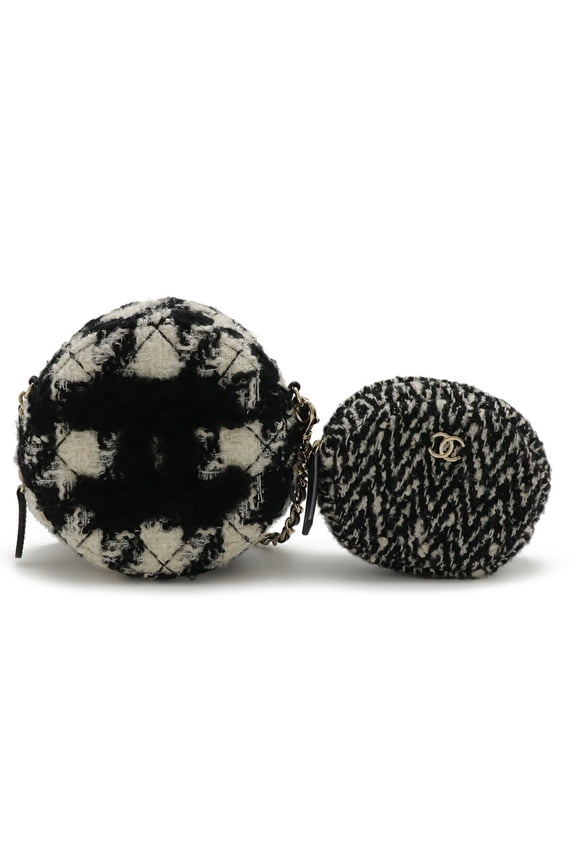 Pre-Owned CHANEL Round Chain Shoulder Pochette in Houndstooth Tweed with Boa, Ivory and Black,...