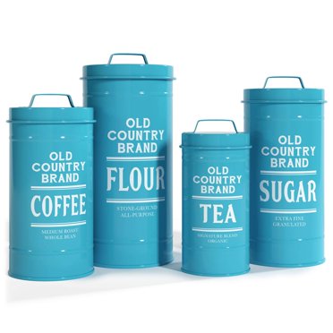 Set of 4 Turquoise Metal Rustic Decorative Nesting Kitchen Canister Jars with Lids