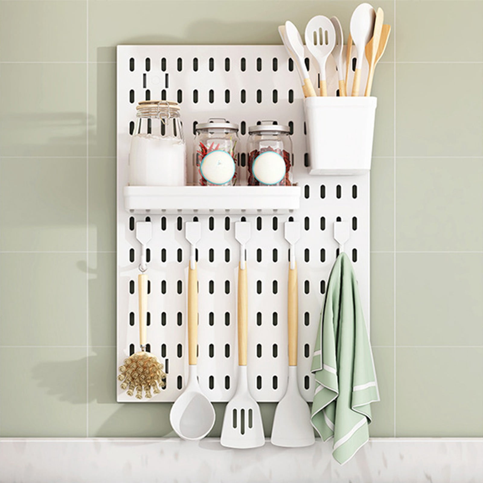 Large No Punch Pegboard Organizer With Hooks Shelf Basket, Multi Functional Drain Storage Rack, Waterproof Plastic Kitchen Bathroom Organizer, No Drill Adhesive Wall Mounted System