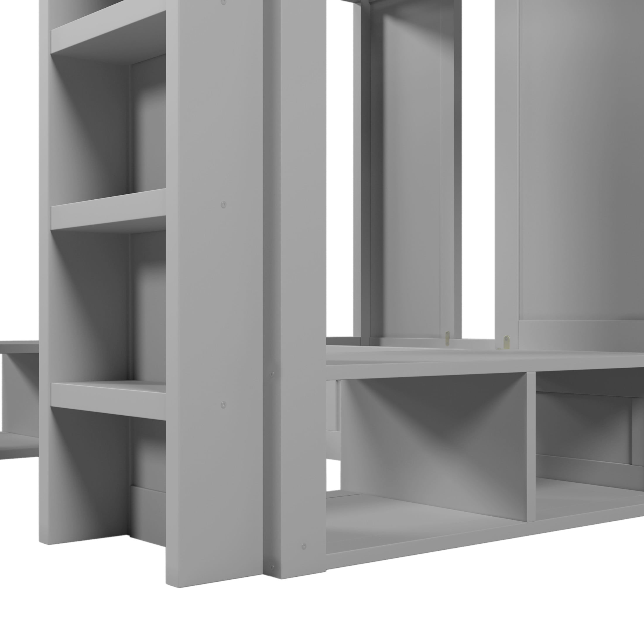Noble House Triple Bunk Bed, Twin + Twin over Twin XL Loft Bed with Storage Shelves and Hooks, Space Saving, Gray