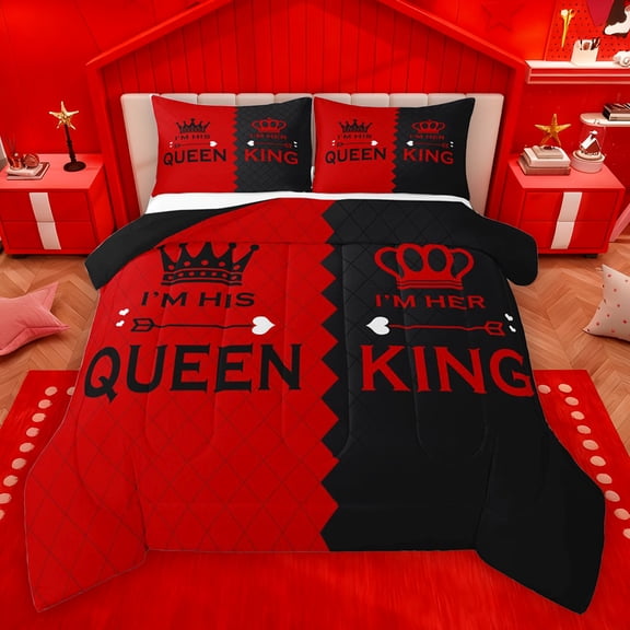 Homewish King Crown Bedding Comforter Set,Queen Letter Pattern Twin Comforter Sets,Red Black Rhombus Bedding Set For Girls Kids,Breathable Home Decor Reversible,2pcs
