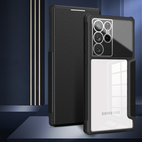 Nalacover Wallet Case for Samsung Galaxy S21 Ultra, Clear Rugged PC Soft Silicone Shockproof Anti-Drop Premium PU Leather Flip Cover with Card Slot Holder Magnetic Kickstand Lens Protective Case,Black