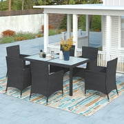 7-Piece Outdoor Dining Sectional Sofa Couch with Dining Table and Chair, All Weather Patio Wicker Dining Furniture Set with Beige Cushion (Black)
