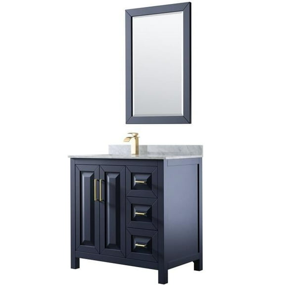 36 in. Single Bathroom Vanity - Dark Blue, White Carrara Marble Countertop, Undermount Square Sink - 24 in. Mirror