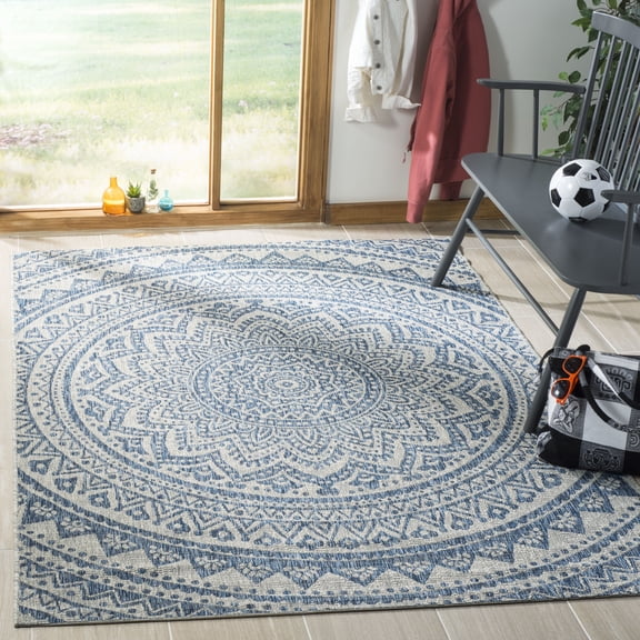 SAFAVIEH Courtyard Josiah Geometric Indoor/Outdoor Area Rug, Light Grey/Blue, 3' x 3' Square