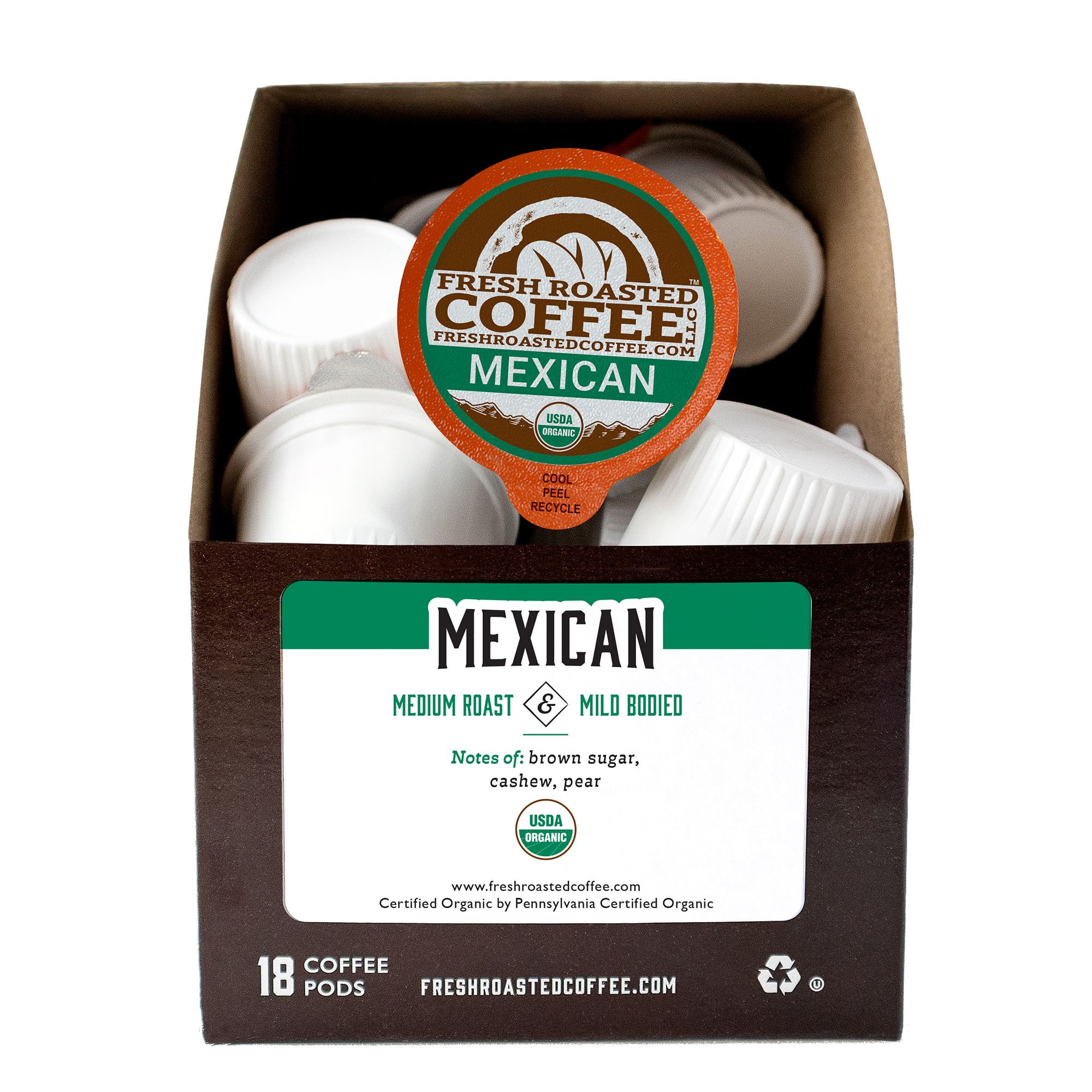 Fresh Roasted Coffee, Organic Mexican Coffee Pods, Medium Roast, 18 Count