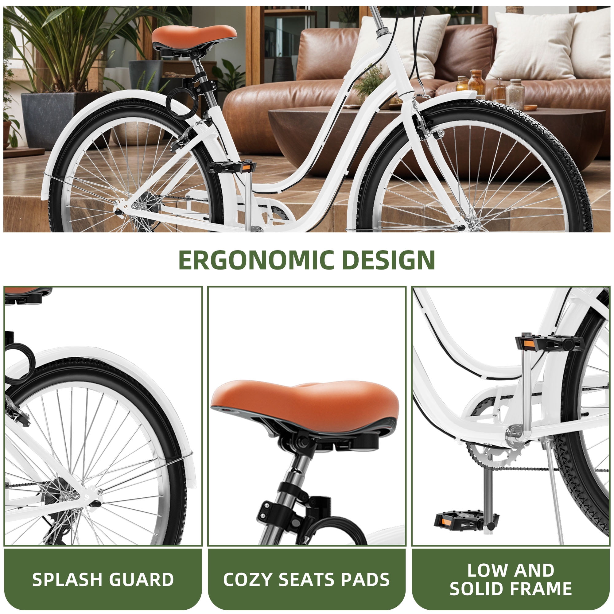 Uforic24'' Beach Cruiser Bike, 7-Speed, Step-Through Bicycle for Men & Women, Steel Frame, White