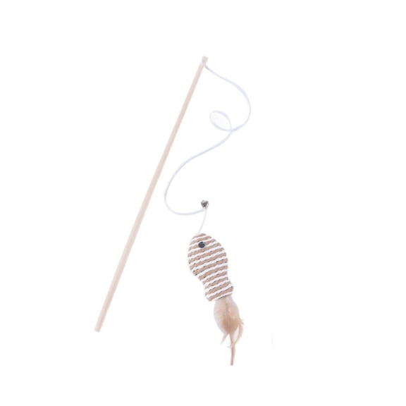 Wooden Wand Cat Teaser Toy with Elastic Rope and Paper String Fish, Interactive Chew Toy for Indoor Cats Play, Khaki