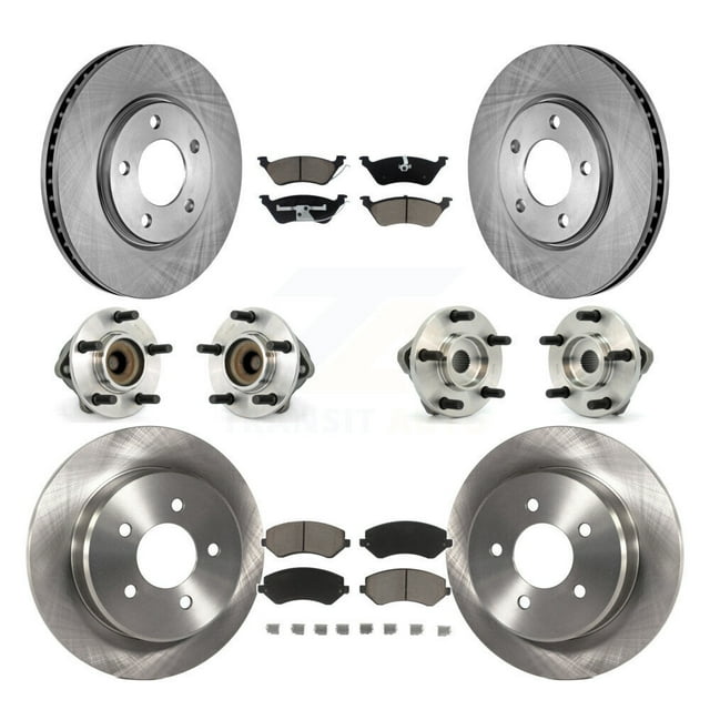 Transit Auto Front Rear Hub Bearing Assembly Disc Brake Rotor and Ceramic Pads Kit (10Pc) for Car 2006 Dodge Grand Caravan Drum rear brakes with 4-Wheel ABS Left Right Driver Passenger Side KBB-119410