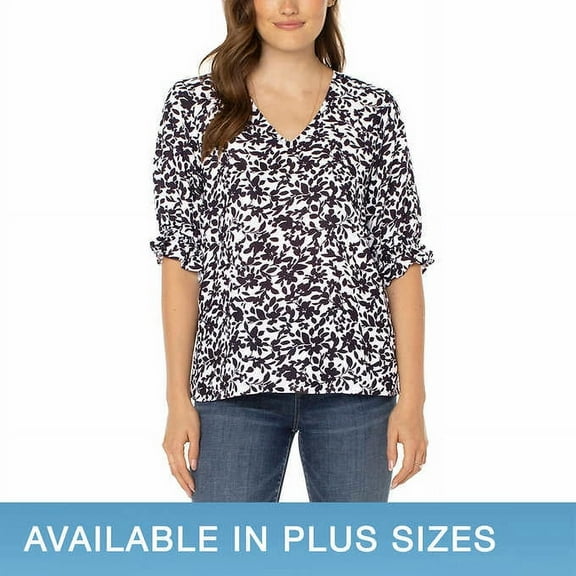Well Worn Ladies' Size Large V-Neck Blouse, Black Print