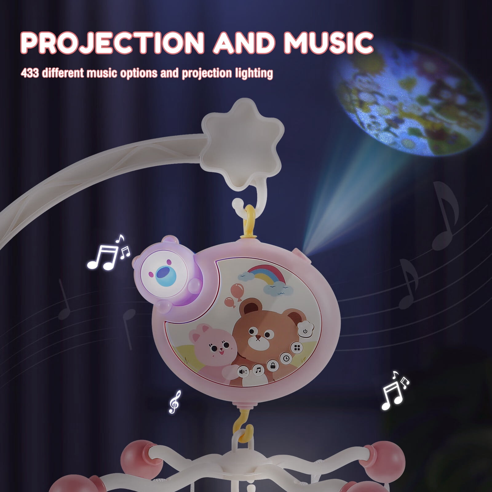 JTNero Baby Crib Mobile with Music and Light Cute 360° Rotation Crib Mobile Toys with Remote Control,Removable Music Box and Rattle 433 Songs for Baby Newborns 0 3 6 12 Months