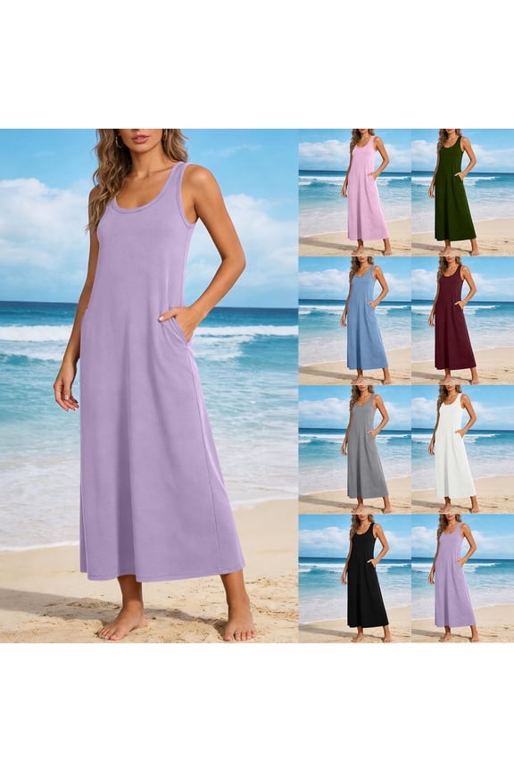 Summer Dresses for Women Plus Size V-Neck Dress Summer Solid Color Sleeveless Women'Beach Party Loose-Fit Casual Swing Dress Green Loose-Fit Casual Swing Mini Dress With Pockets