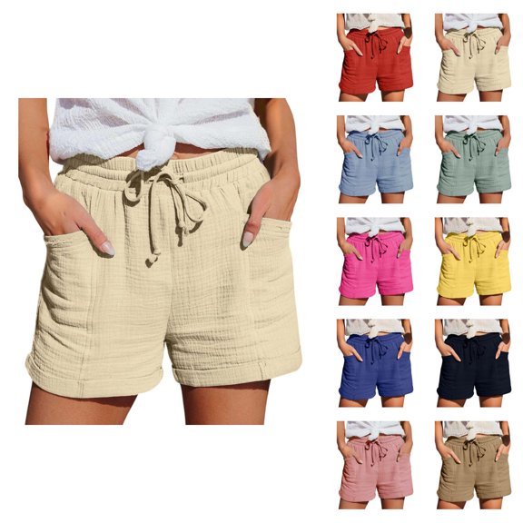 Beach Shorts for Women Summer Elastic Waist Loose Crinkle Lightweight Casual Shorts with Pockets Vacation Outfits