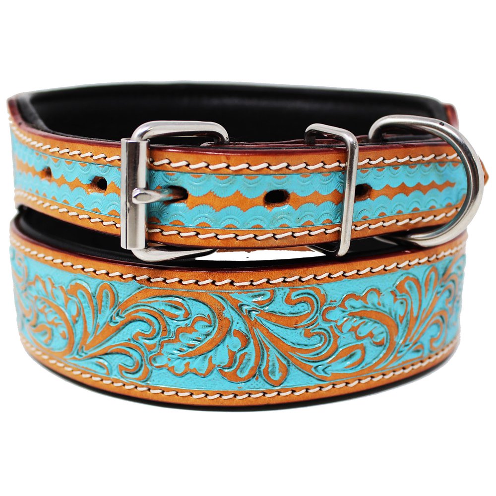 Large 21'' 25'' Amish 100 Leather Dog Collar Floral Tooled Turquoise