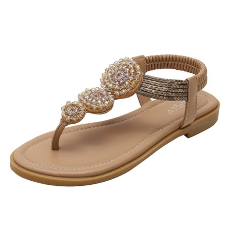 

sandals for Women Womens Wedges Sandals Elastic Ankle Strap Casual Beach Shoes Slingback Toe Post Bohemian Beaded Sandals PU Dress Sandals for Women Khaki