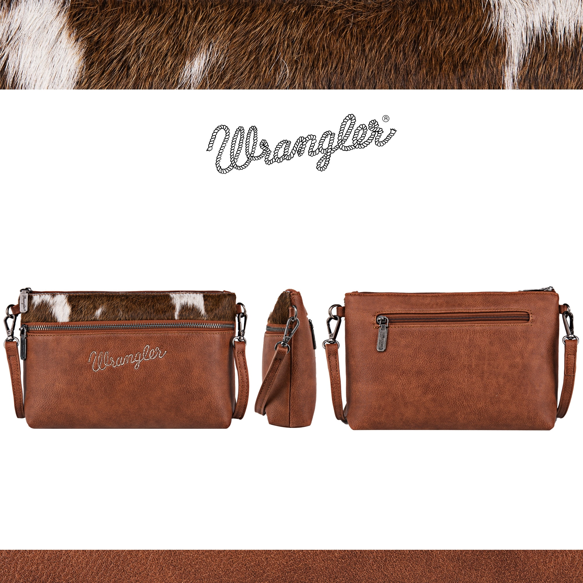 Wrangler Western Cowhide Crossbody Bags for Women Clutch Wristlet Purse, Cowhair-brown