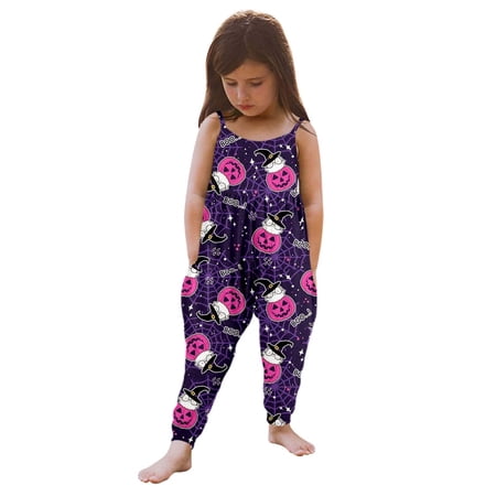 Weebloom Girls Rompers Halloween Pumpkin Print Sleeveless Jumpsuit With Harem Pants Lovely Overalls Light Purple