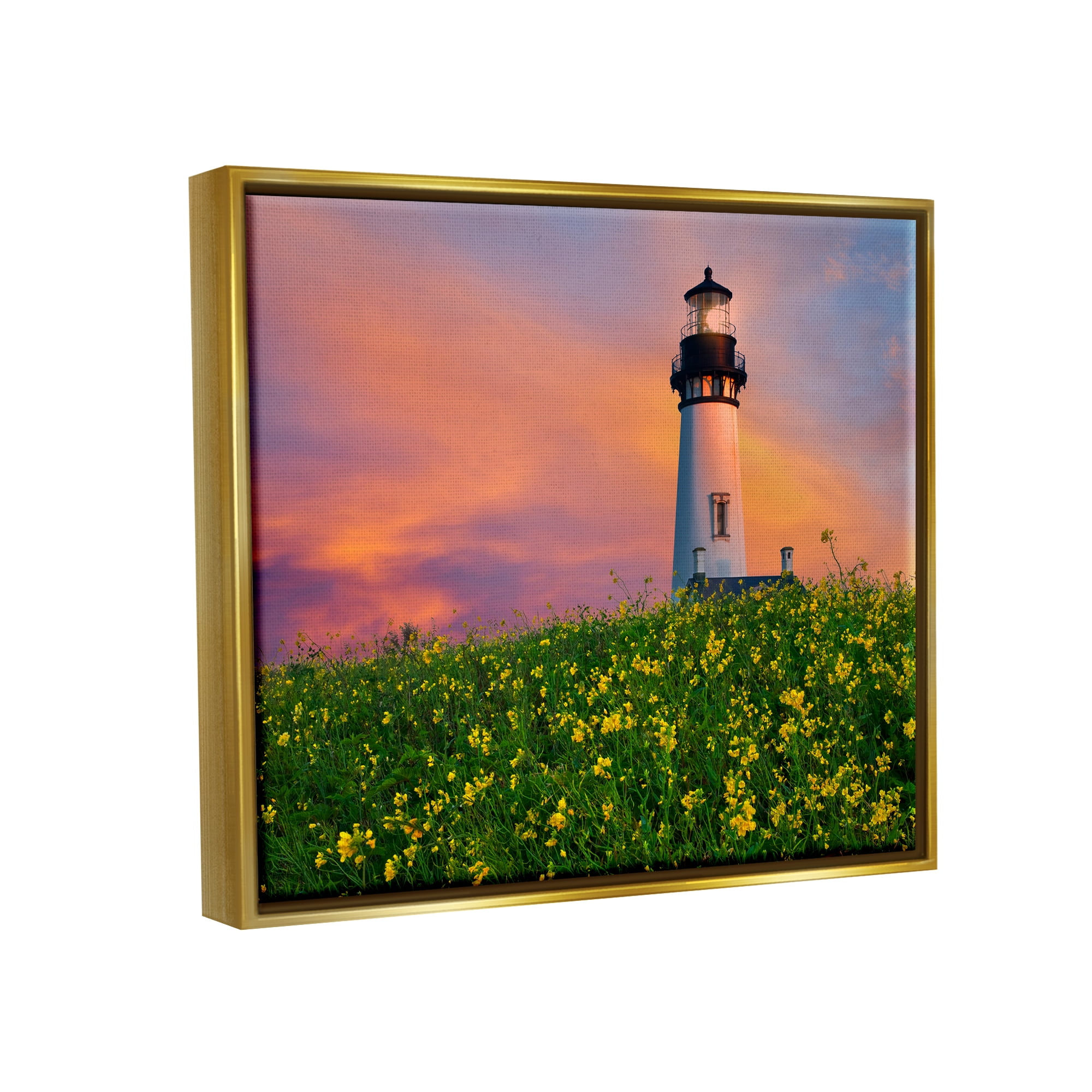 Stupell Industries Lighthouse in Meadow Sunrise Nature Photography Gold Floater Framed Art Print Wall Art, 31 x 25