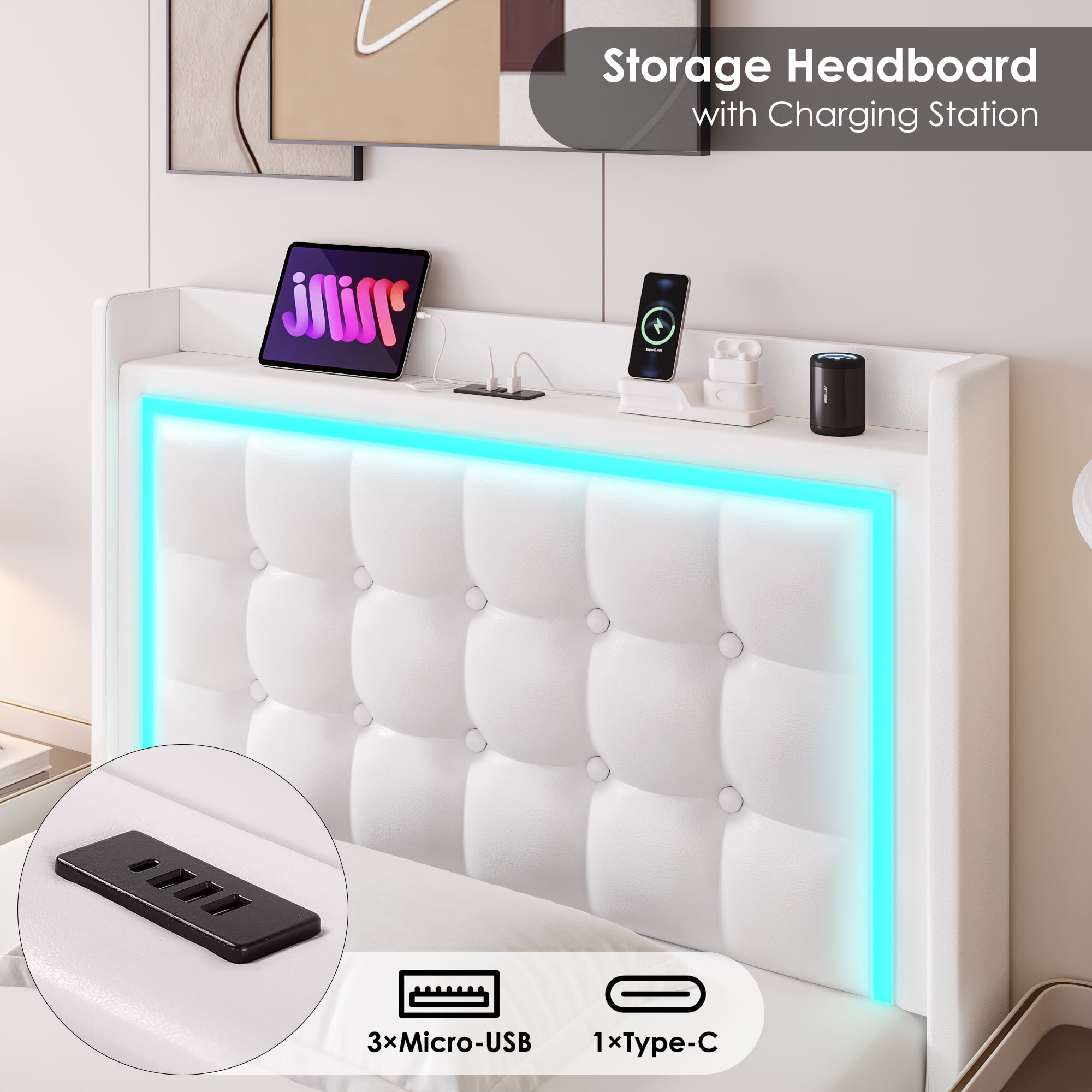 Homfa Twin Size Floating Bed with LED Lights Charging Station, Modern PU Upholstered Platform Bed with Storage Headboard, White