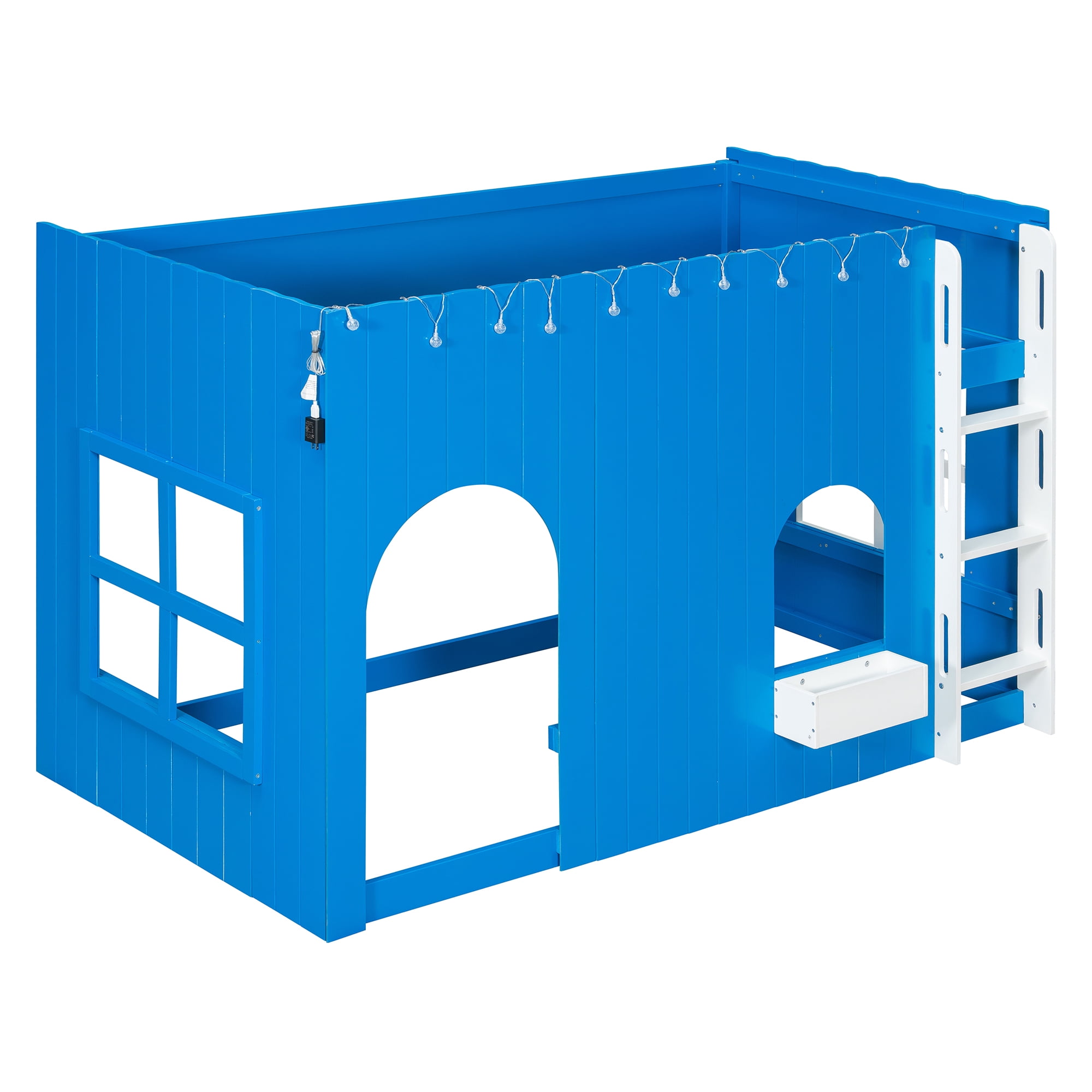 Mintazer Twin House Loft Bed with LED Lights, Kids Playhouse Bed with Ladder, Blue