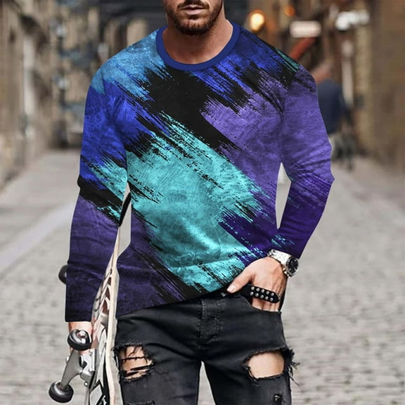 Azrian Men's Color Matching Long Sleeved T-shirt Non Positioning Printing Long Sleeved Round Neck Casual Sports Vacation T-shirt Top