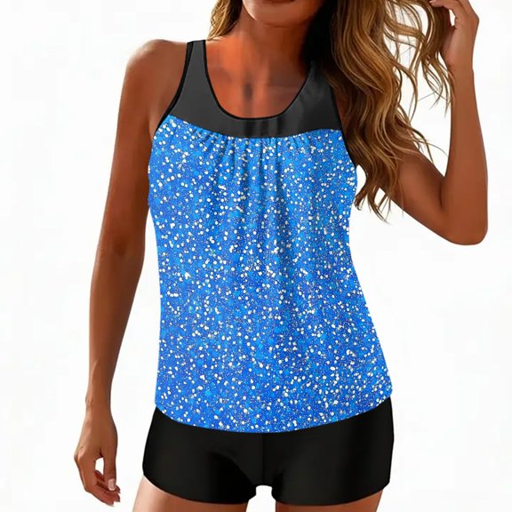 longantii Tankini Swimsuits for Women Two Piece Bathing Suits Fashion Printed Blouson Tank Tops Tummy Control Modest Swimsuits with High Waist Swim Shorts Tankini Swimwear Blue XL