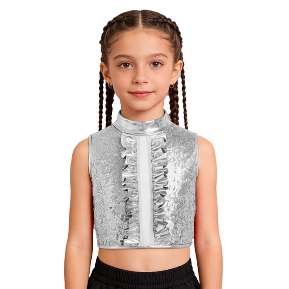 TiaoBug Shiny Sequin Crop Tops for Girls Hip-hop Dance Vest 70s Disco Party Stage Performance Outfit Silver 10