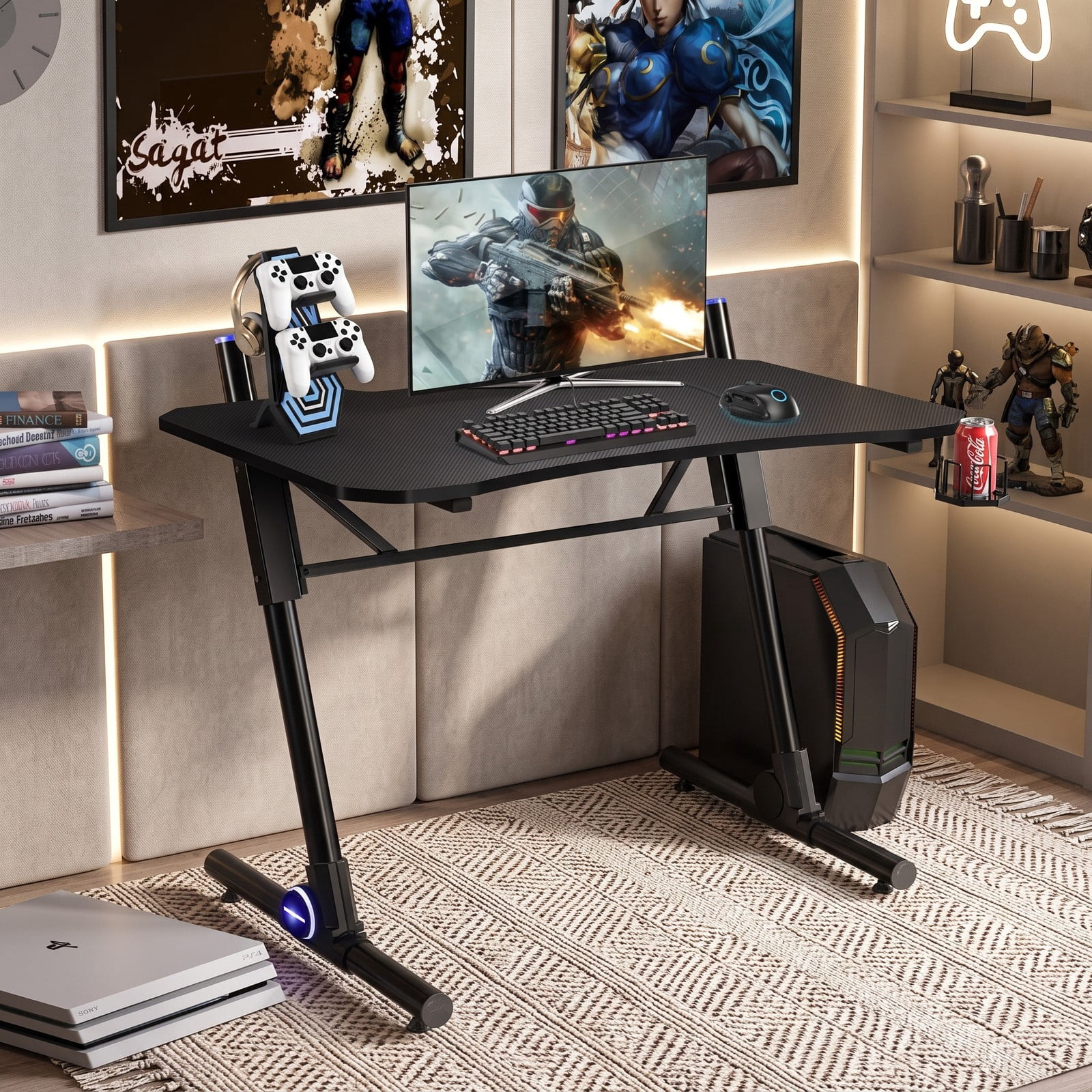 Furnibear 43.5 Inch Gaming Desk with Blue LED Lights, Height Adjustable Ergonomic Computer Desk with Cup Holder and Headphone Hook, Carbon Fiber Textured PC, Black
