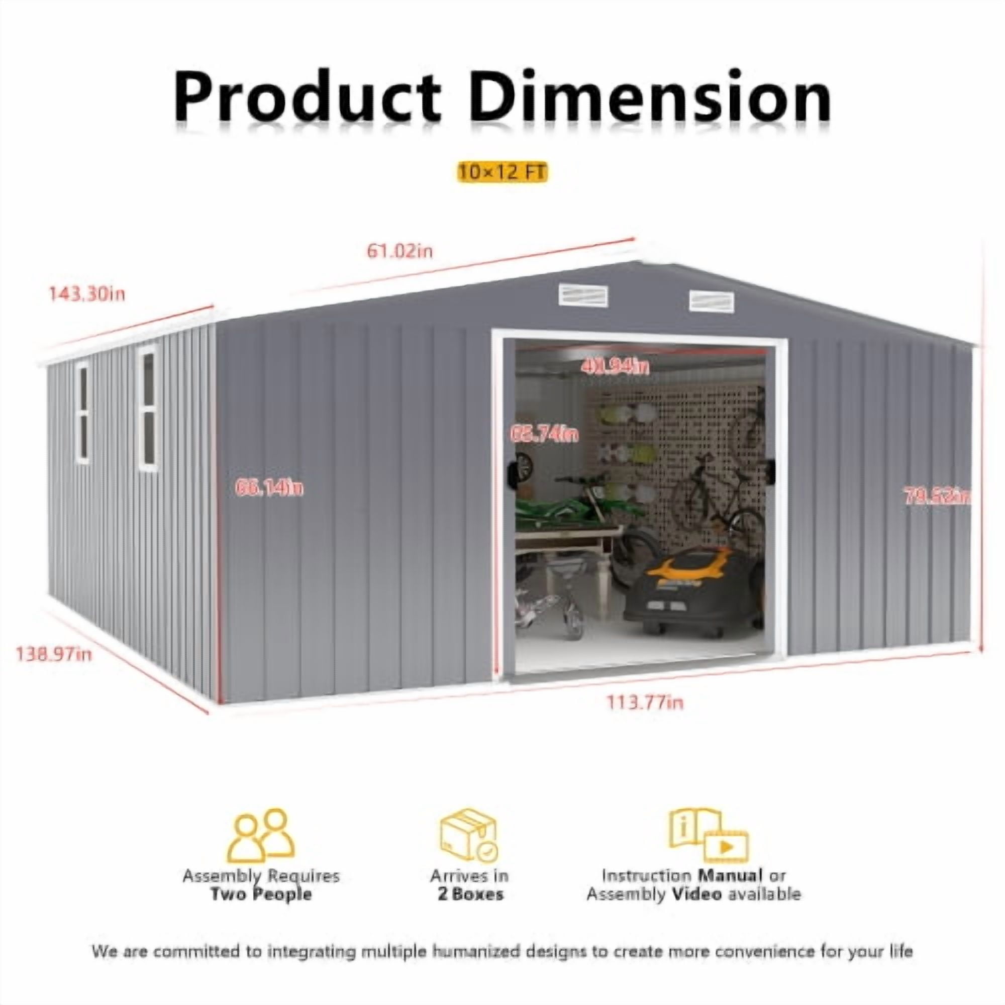 Villeston 10FT x 12FT Outdoor Metal Storage Shed,Tool Shed Storage House with Lockable Door for Garden, Backyard, Patio Gray