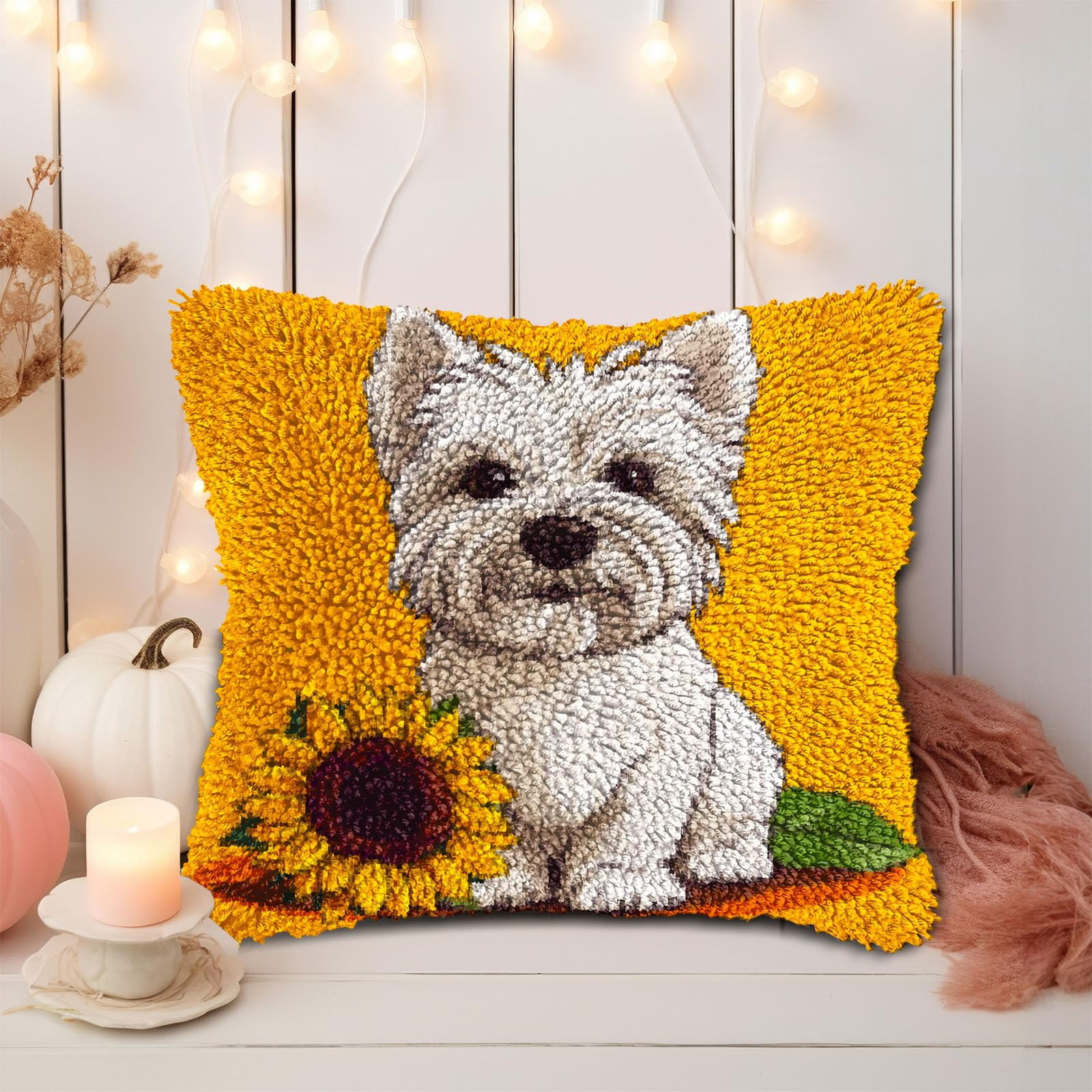 DIY Latch Hook Pillow Kits for Adults Cute West Highland Terrier Dog Printed Pillowcase Crochet Yarns Hooking Handmade Pillow Cover Cushion for Home Sofa Decoration 17x17inch-50