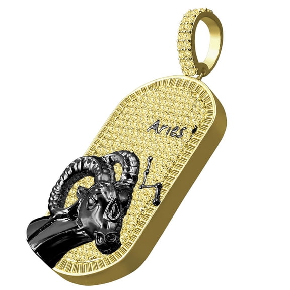 Yellow Canary Black/Gold Tone Custom Piece Aries Ram Zodiac Sign Astrology Horoscope Simulated Diamond Dog Tag Pendent Charm