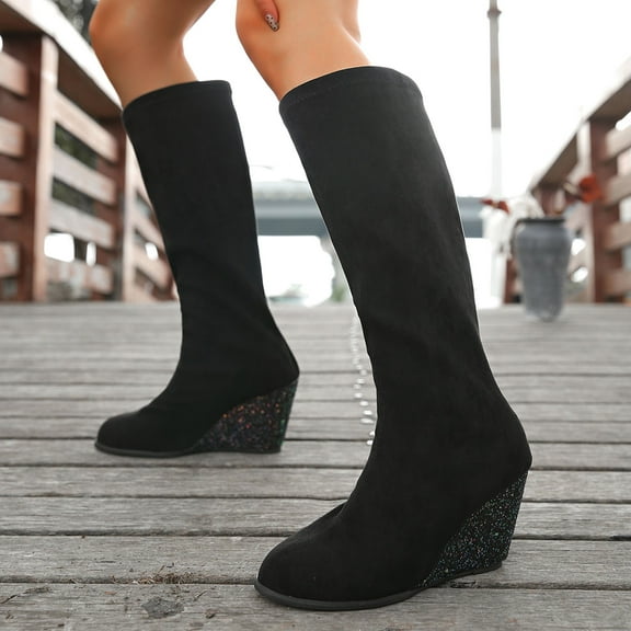 Aueoeo Women's Sequins Wedge Slouch Mid Calf Boots Suede Round Toe Wide Width Platforms High Heel Boots Black