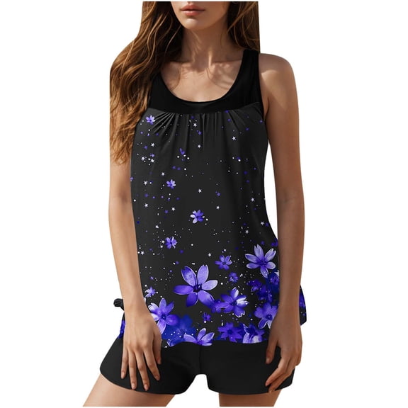 Mlkoz Tankini Swimsuits for Women Modest Two Piece Bathing Suits Floral Printed Tank Tops with Boy Shorts Surfing Swimwear S-2XL